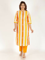 Aramya Yellow Soft Cotton Checkered Print Straight Kurta Set for Women | Grocsy