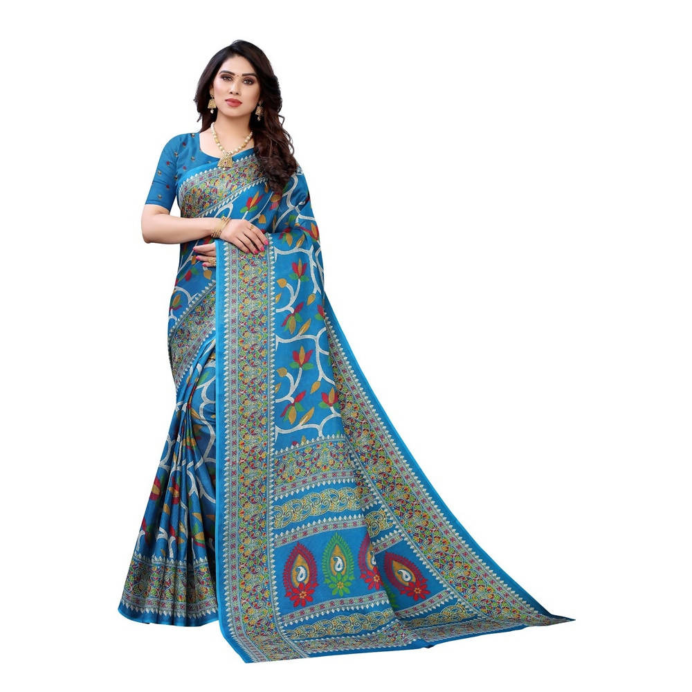 Vamika Printed Jute Silk Blue Saree (Rishika Blue) | Grocsy