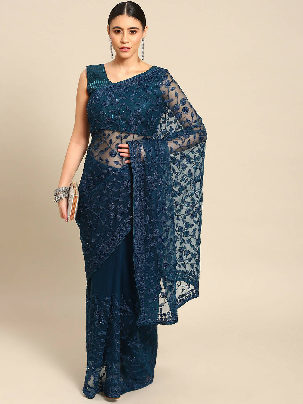Blue Woven Design Net Saree with Blouse Piece - Kalamkari | Grocsy