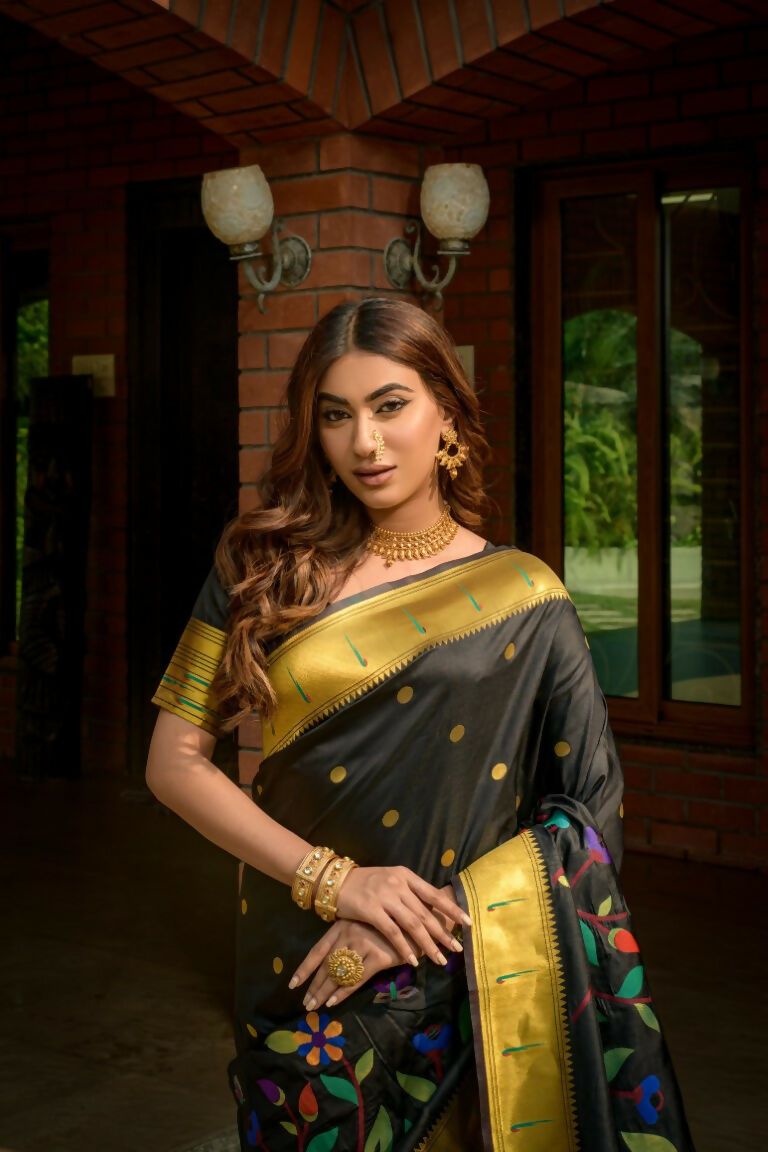 Jyoti Fashion Women's Black Paithani Silk Zari Woven Saree with Blouse | Grocsy