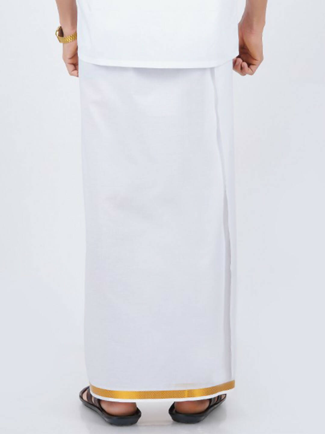 Ramraj Cotton Mens Pure Cotton 1/2 Inch Gold Jari Dhoti - White | Grocsy
