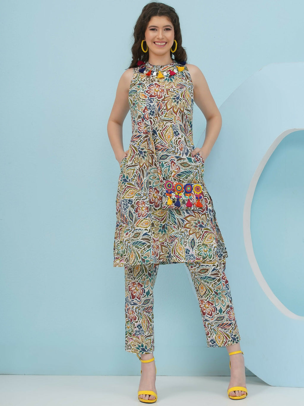 Joban Fashion Floral Co Ord Set With Embellished Sling Bag - Multi | Grocsy