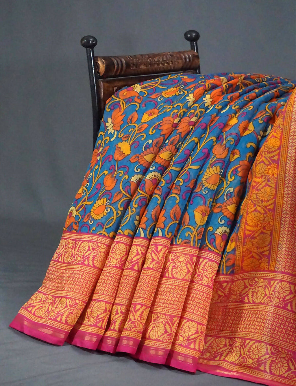 Multi Shades Of Peacock Blue Kalamkaari Design Semi Chanderi Saree With Contrast Blouse By Gayathri Reddy Designer Studio | Grocsy