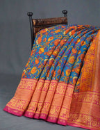 Multi Shades Of Peacock Blue Kalamkaari Design Semi Chanderi Saree With Contrast Blouse By Gayathri Reddy Designer Studio | Grocsy