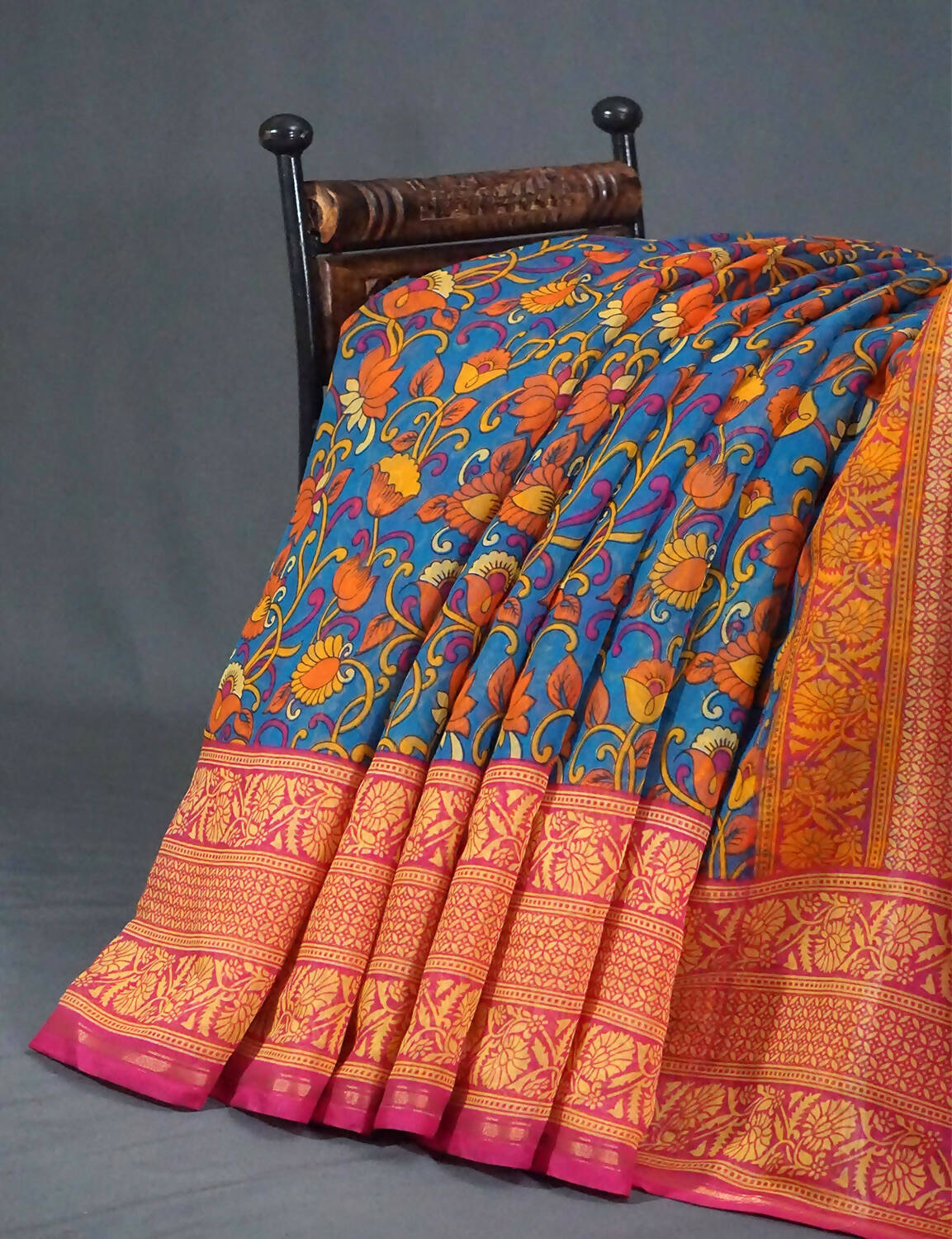 Multi Shades Of Peacock Blue Kalamkaari Design Semi Chanderi Saree With Contrast Blouse By Gayathri Reddy Designer Studio | Grocsy