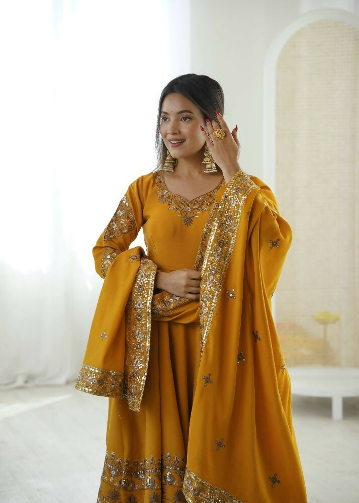 Teeya Creation Yellow Roman Silk Embroidery Work Party Wear long Gown | Grocsy