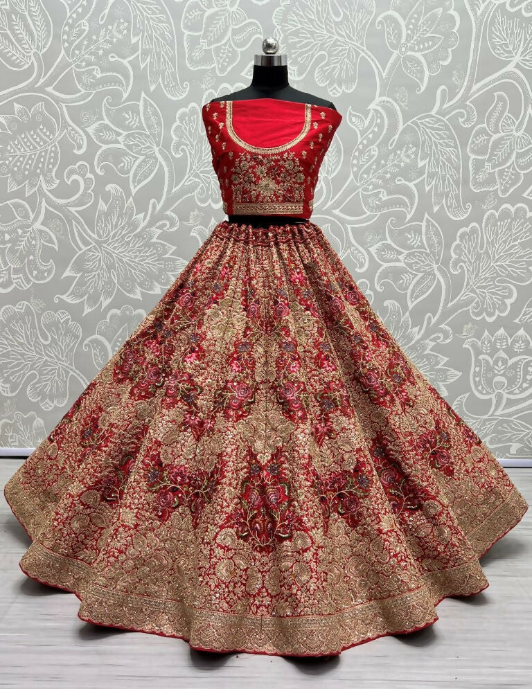 Jyoti Fashion Women's Red Silk Fancy Dori & Sequins Multi Thread Embroidered with Diamond Work Wedding Lehenga Choli | Grocsy