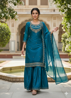 Teeya Creation Teal Color Fendy Satin Silk Heavy Embroidery Work Sharara Suit | Grocsy