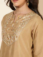 Janasya Women's Gold Crepe Silk Yoke Embroidery Festive Straight Kurta Set | Grocsy