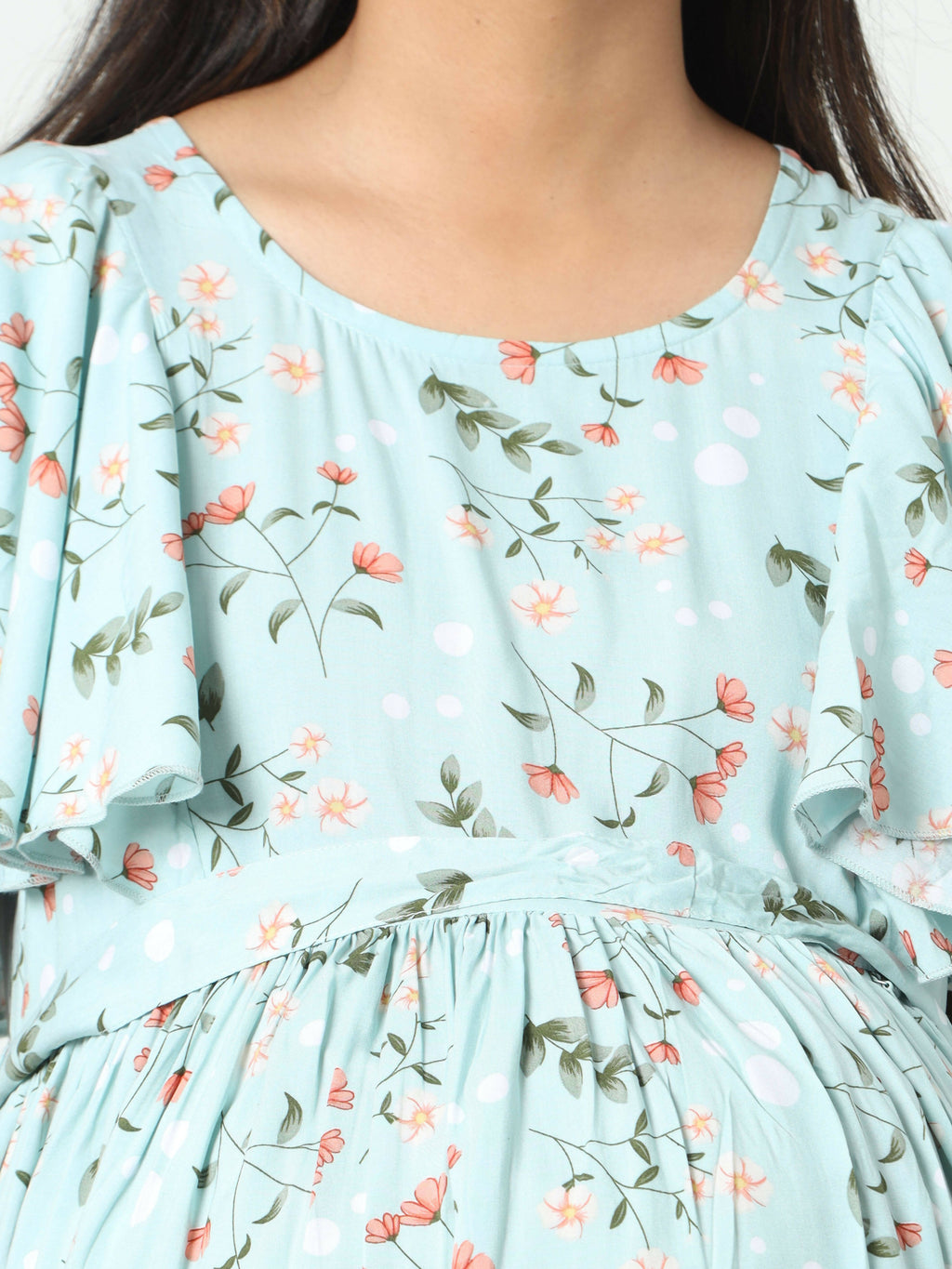 Manet Frill With Sleeve Maternity Dress Floral Print With Concealed Zipper Nursing Access - Green | Grocsy