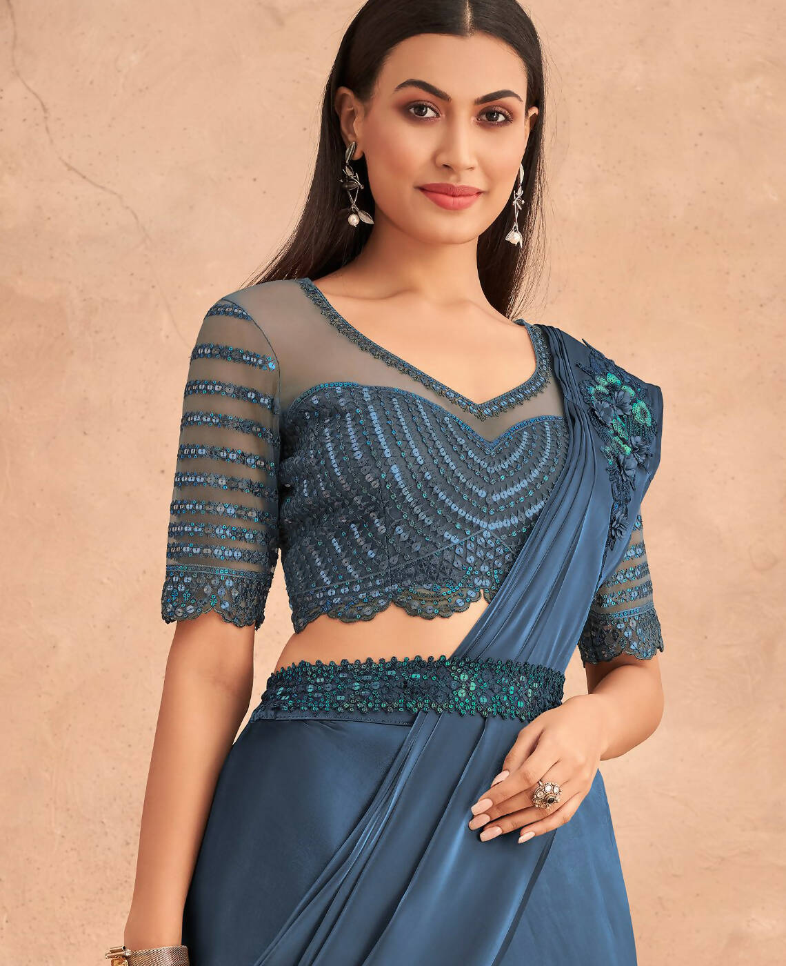 Navy Blue Satin Embroidered Ready To Wear Saree With Unstitched Blouse Piece - Nandika | Grocsy