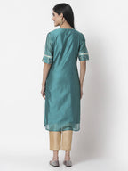 Myshka Women Teal Chanderi Solid Half Sleeve Round Neck Kurta | Grocsy