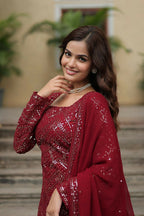 Vastranavya Premium Designer Heavy Sequins & Thread Embroidered work Top Sharara & Dupatta - Maroon | Grocsy