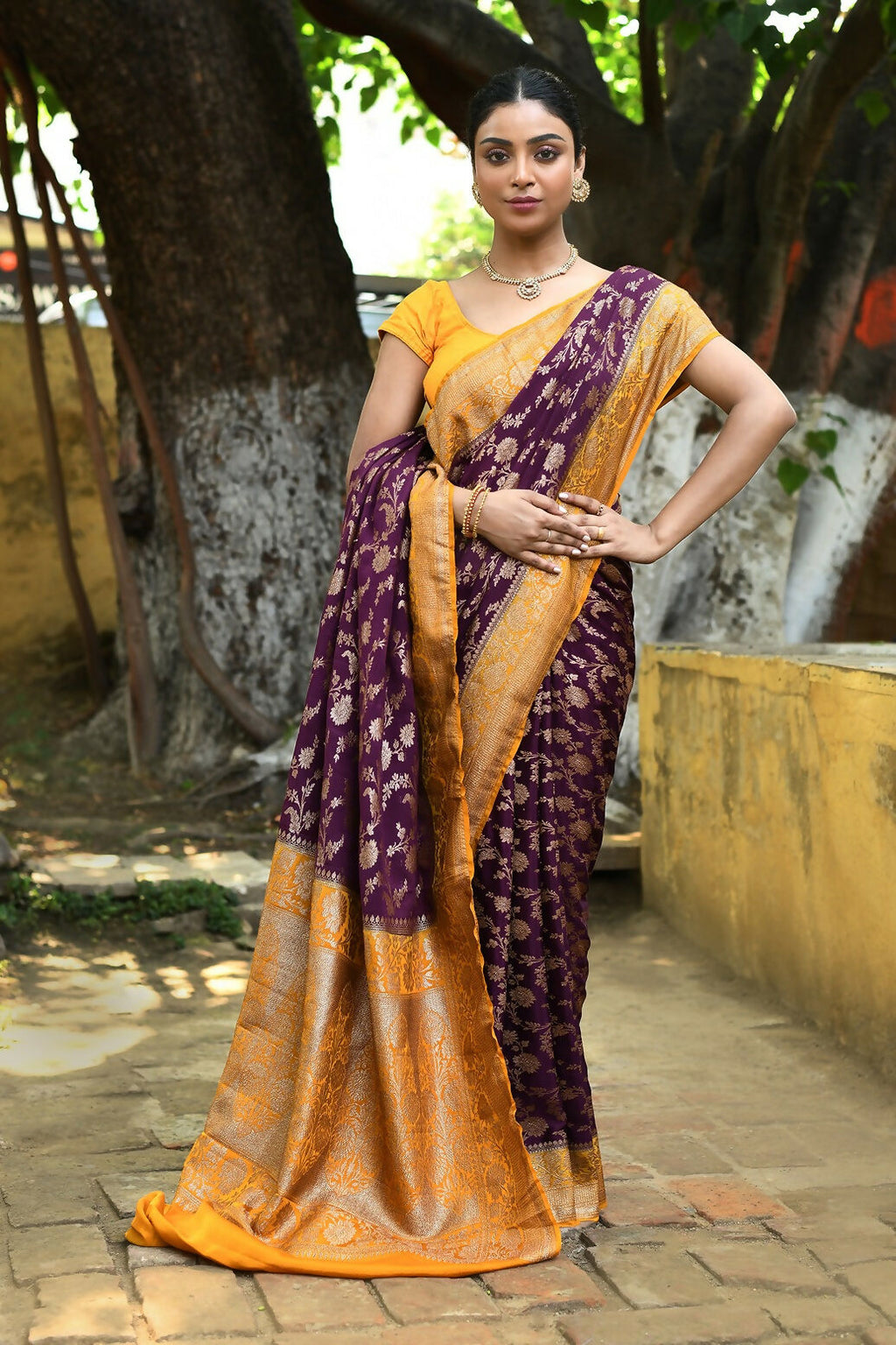 Joban Fashion Purple Crepe Chiffon Pure Handloom Banarasi Silk Saree | Grocsy