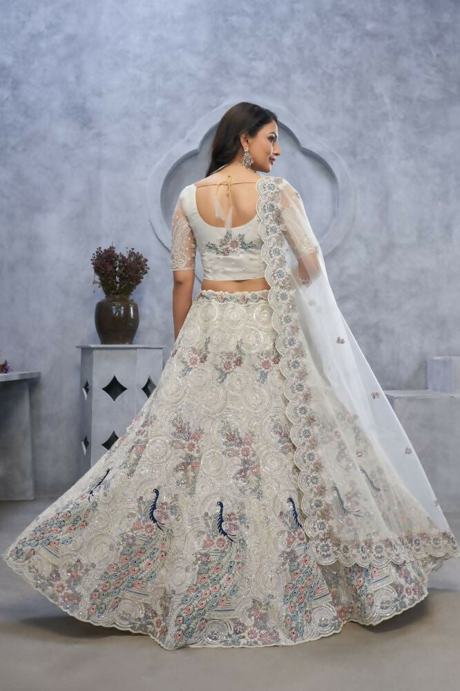 Kesar Fab Ivory Net Embroidered Lehenga | Grocsy