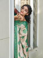 Shree Shyam Fashion Cream With Sea Green Silk Blend Saree | Grocsy