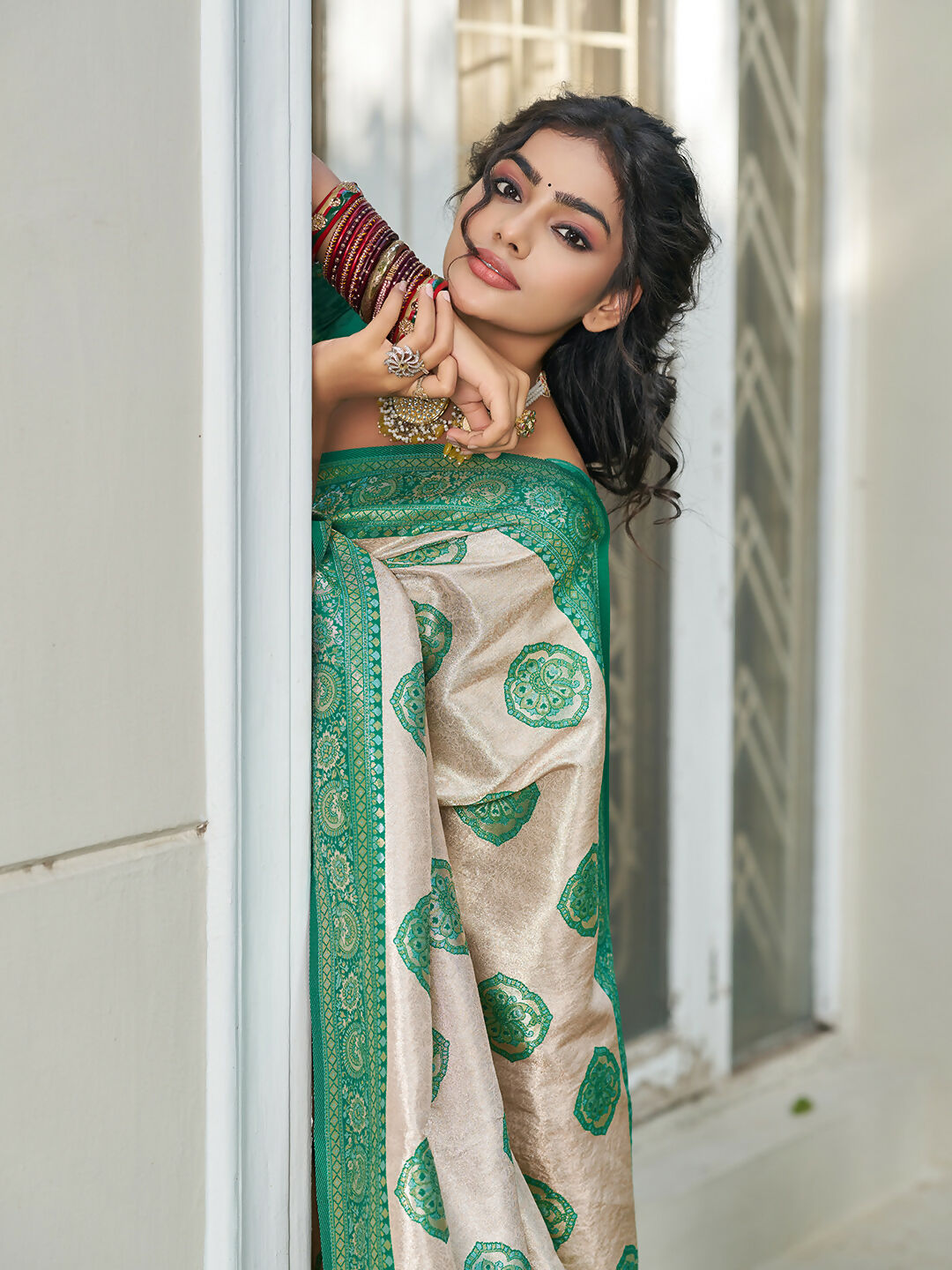 Shree Shyam Fashion Cream With Sea Green Silk Blend Saree | Grocsy