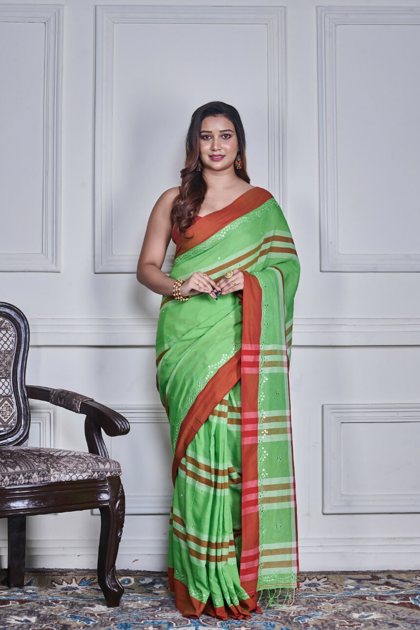 Morchari Green Cotton Handloom Mirror Work Saree Unstitched Blouse | Grocsy