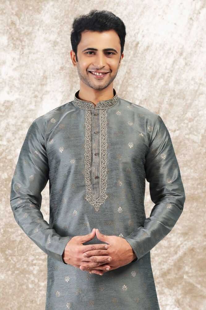 Raivat Ethnic Jacquard Silk Brocade Thread Work Kurta Pajama In Grey Colour | Grocsy