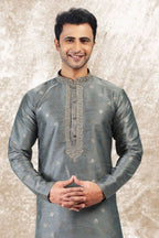 Raivat Ethnic Jacquard Silk Brocade Thread Work Kurta Pajama In Grey Colour | Grocsy