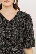 PAVONINE Micro Dots V-Neck Georgette Fabric Black Dress For Women | Grocsy