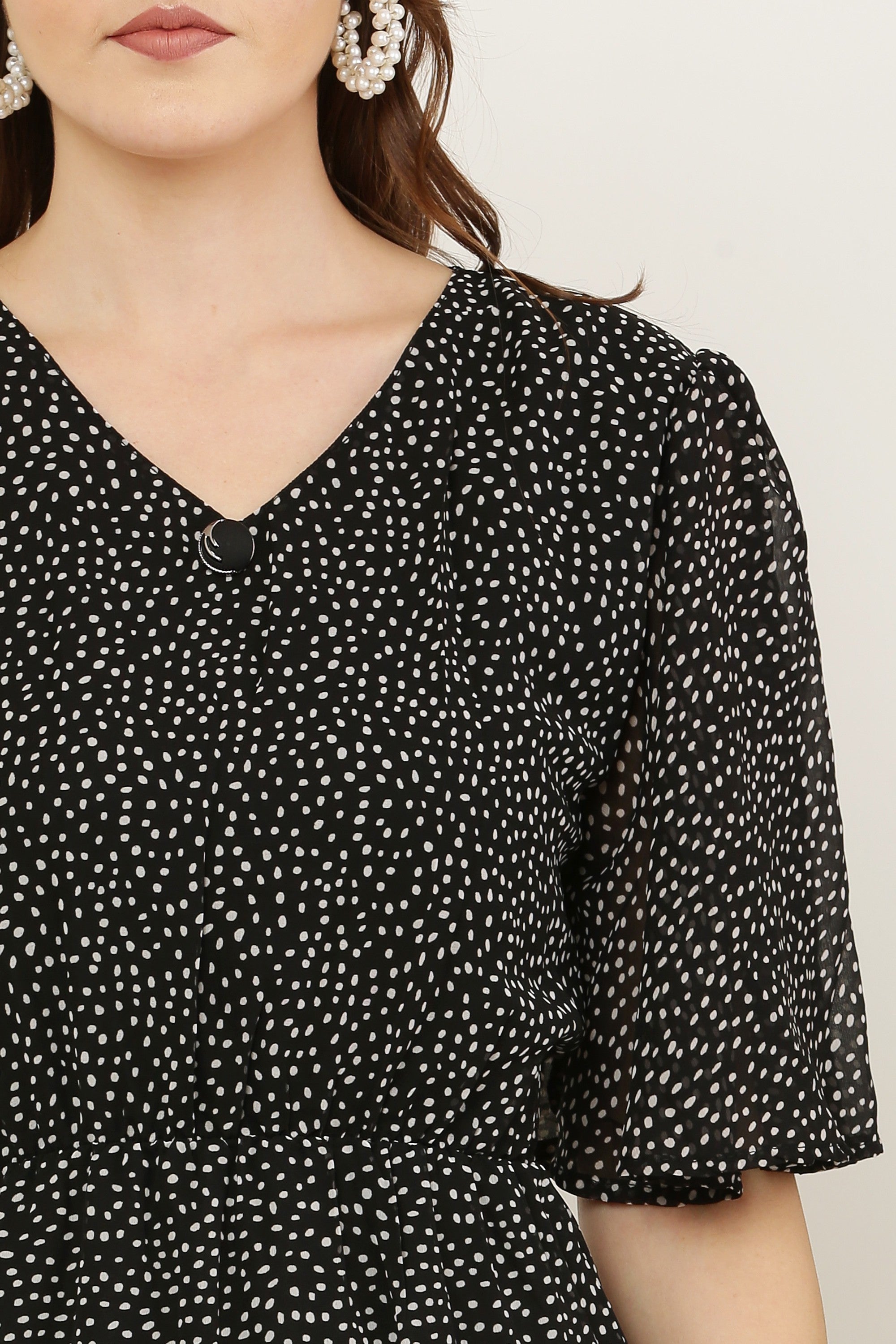 PAVONINE Micro Dots V-Neck Georgette Fabric Black Dress For Women | Grocsy