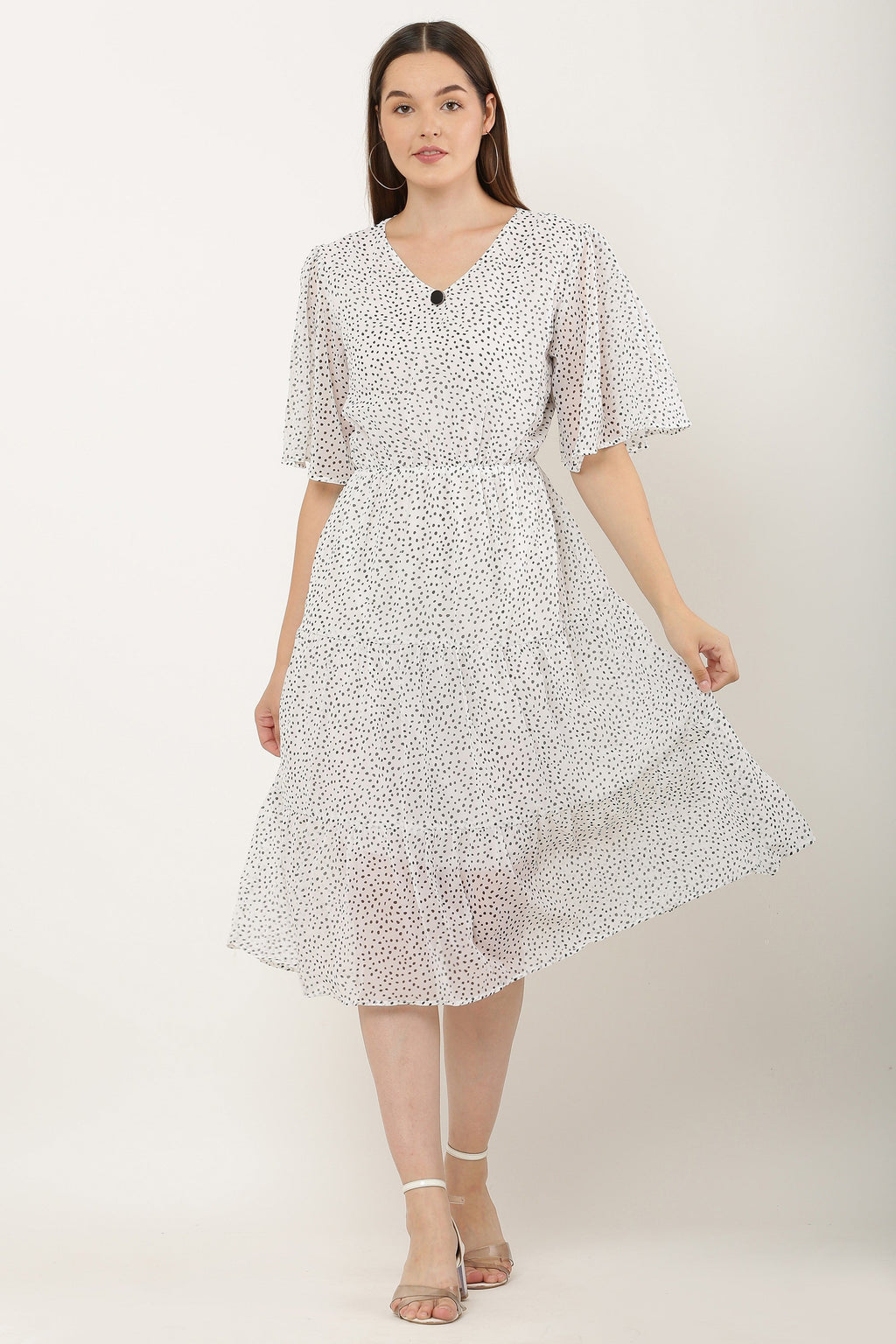 PAVONINE Micro Dots V-Neck Georgette Fabric White Dress For Women | Grocsy