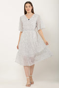 PAVONINE Micro Dots V-Neck Georgette Fabric White Dress For Women | Grocsy