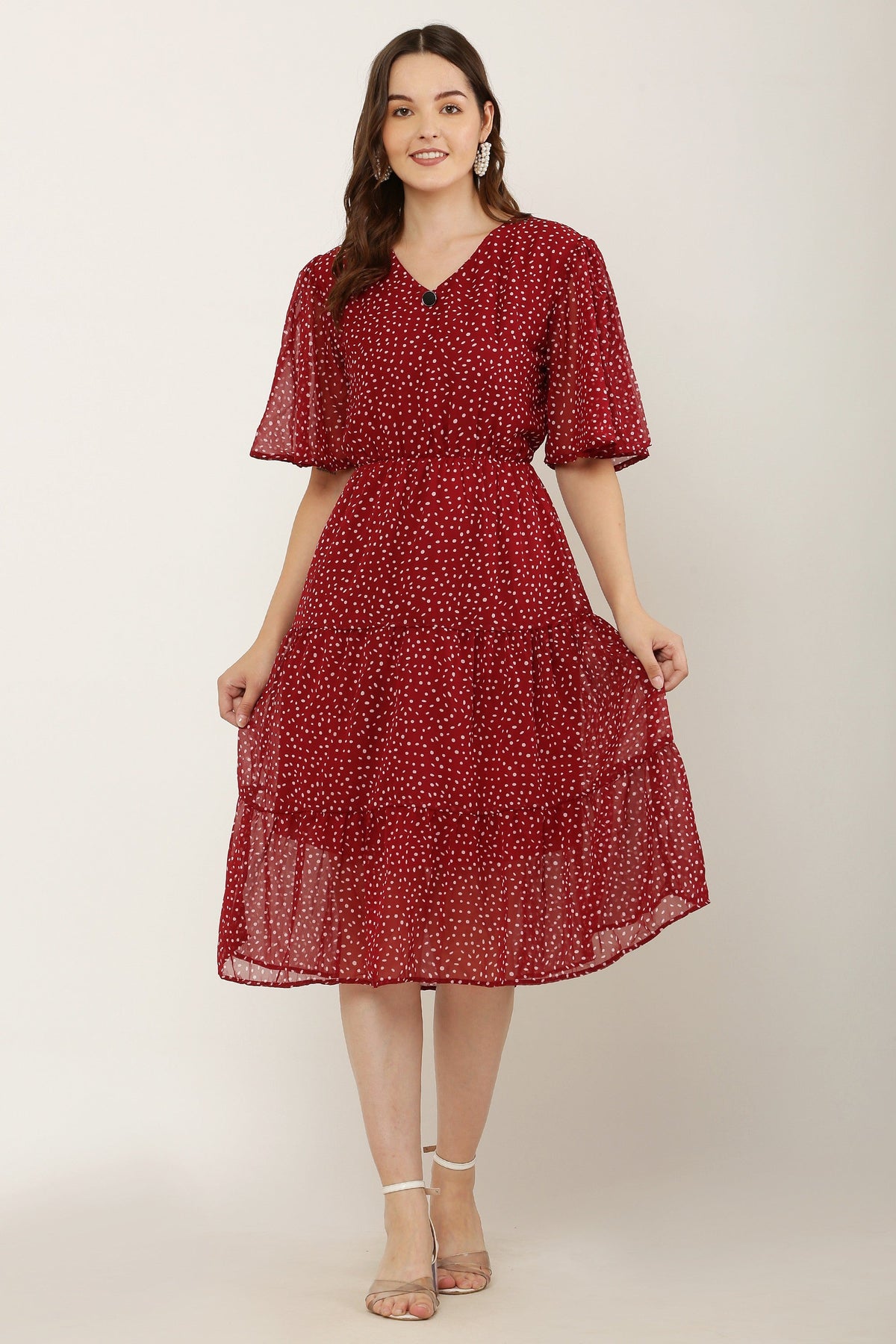 PAVONINE Micro Dots V-Neck Georgette Fabric Maroon Dress For Women | Grocsy