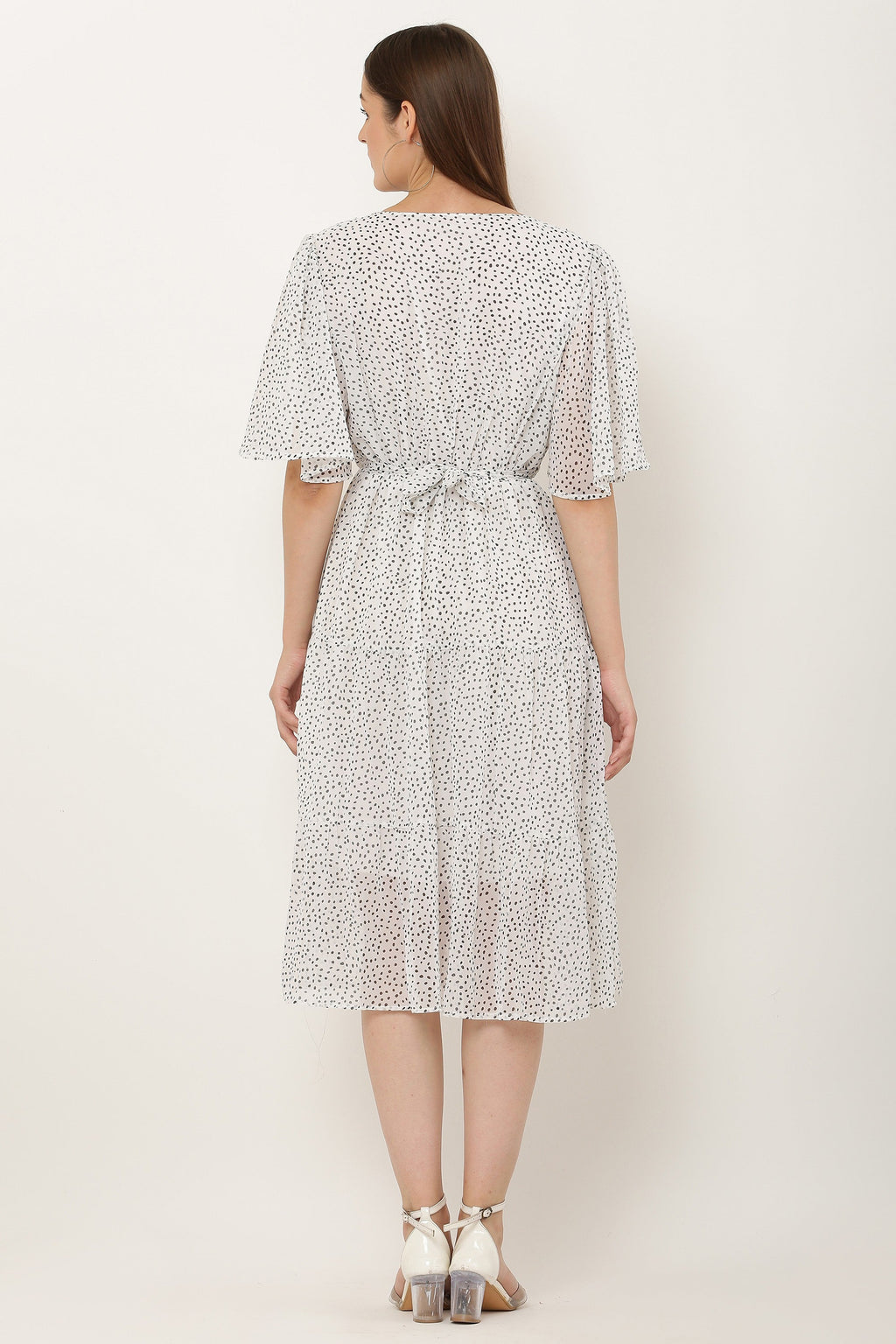PAVONINE Micro Dots V-Neck Georgette Fabric White Dress For Women | Grocsy