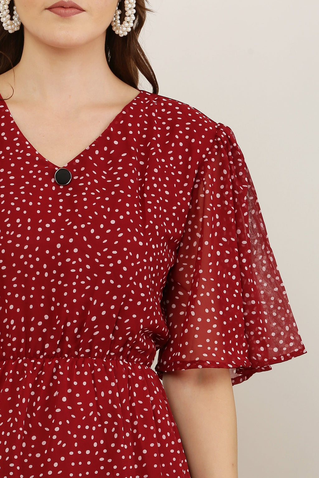 PAVONINE Micro Dots V-Neck Georgette Fabric Maroon Dress For Women | Grocsy