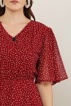 PAVONINE Micro Dots V-Neck Georgette Fabric Maroon Dress For Women | Grocsy