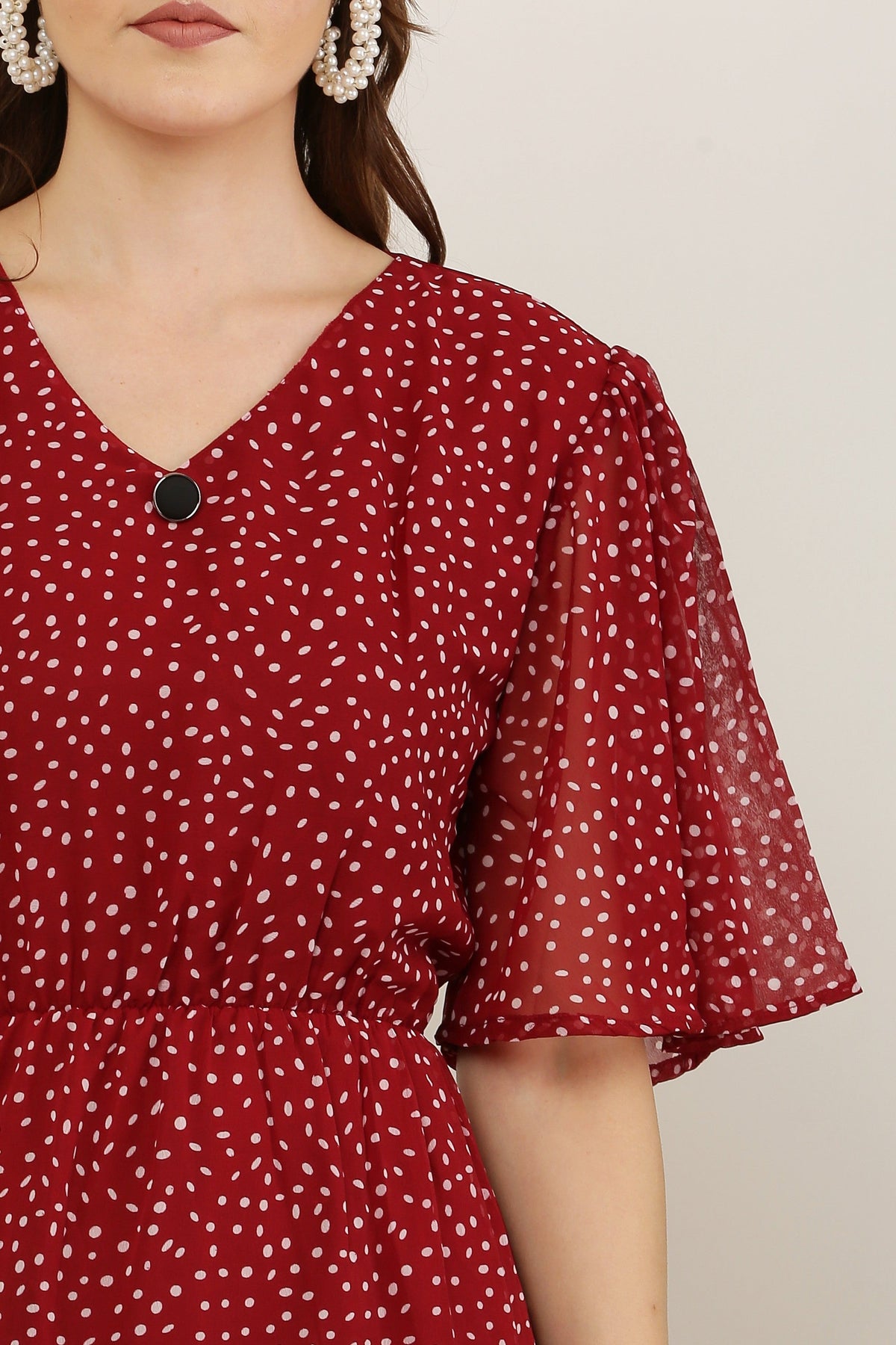 PAVONINE Micro Dots V-Neck Georgette Fabric Maroon Dress For Women | Grocsy