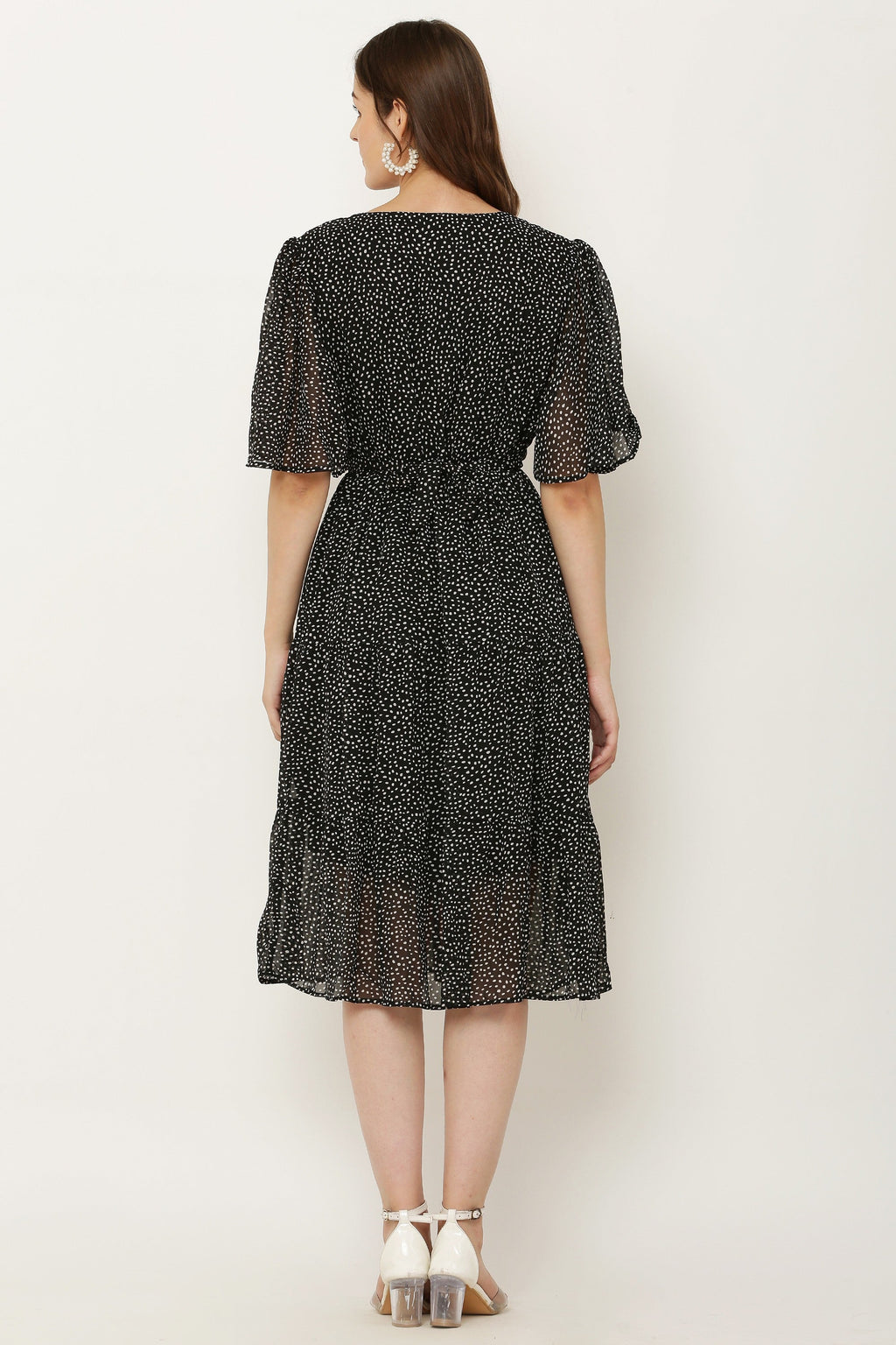 PAVONINE Micro Dots V-Neck Georgette Fabric Black Dress For Women | Grocsy