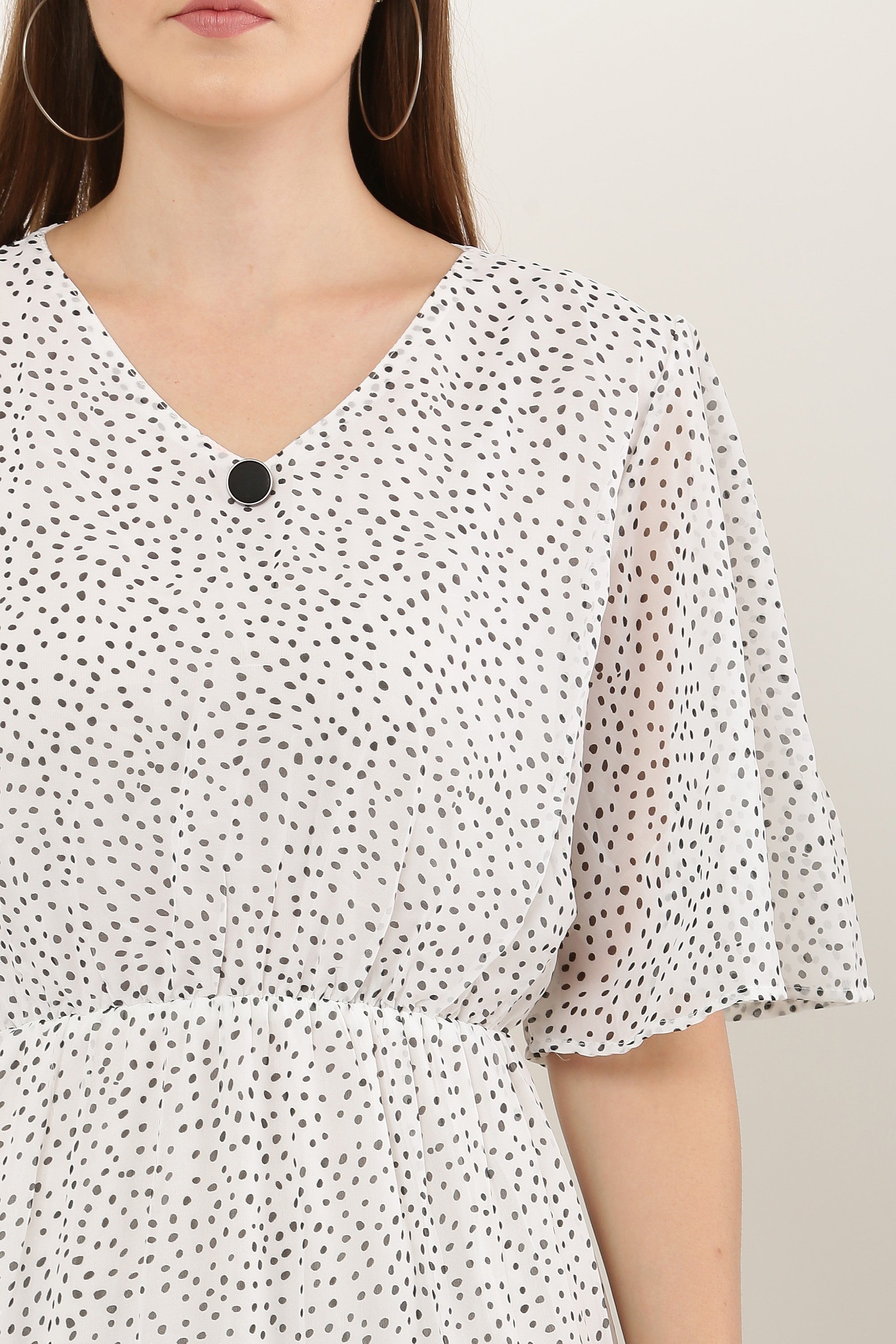 PAVONINE Micro Dots V-Neck Georgette Fabric White Dress For Women | Grocsy
