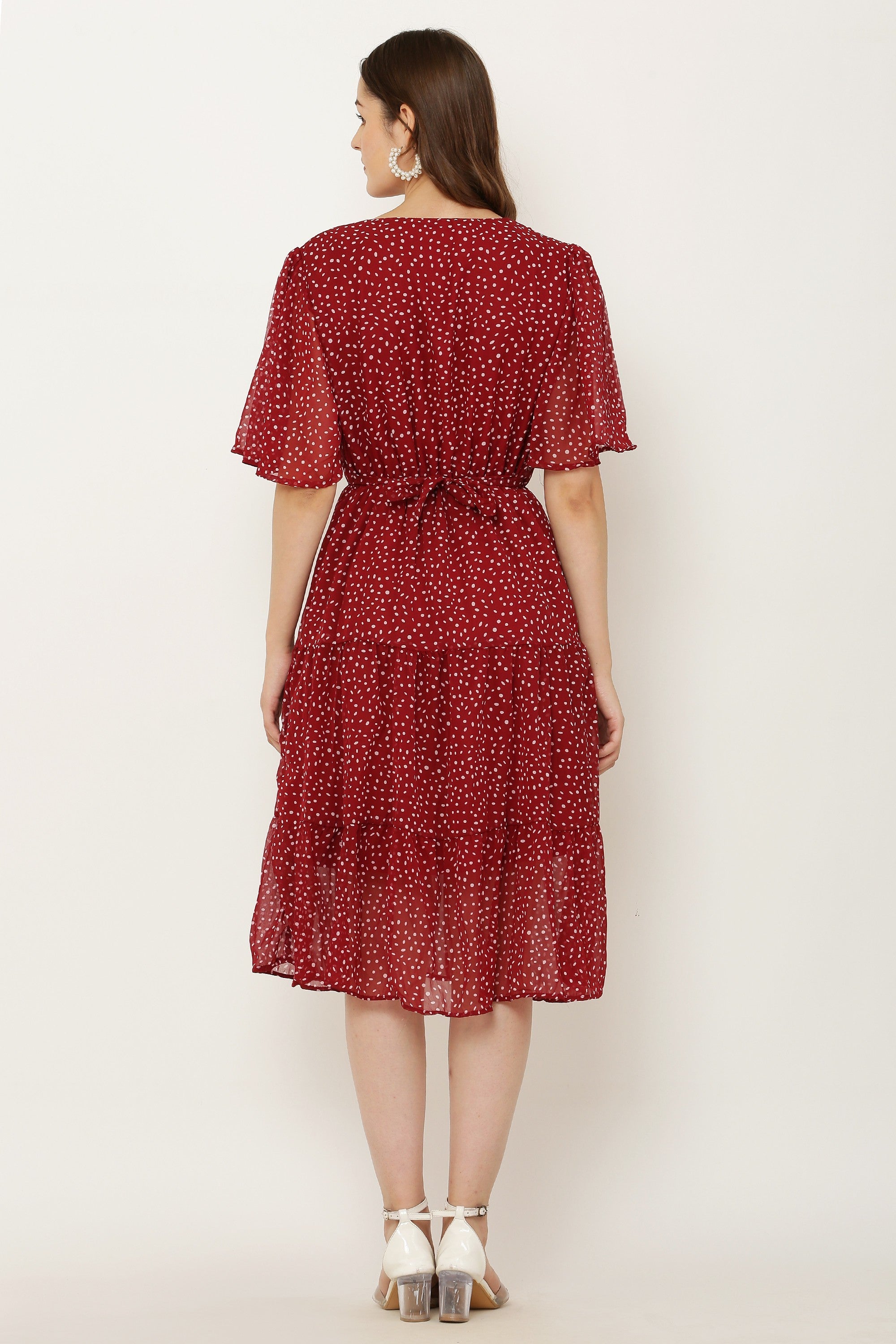 PAVONINE Micro Dots V-Neck Georgette Fabric Maroon Dress For Women | Grocsy
