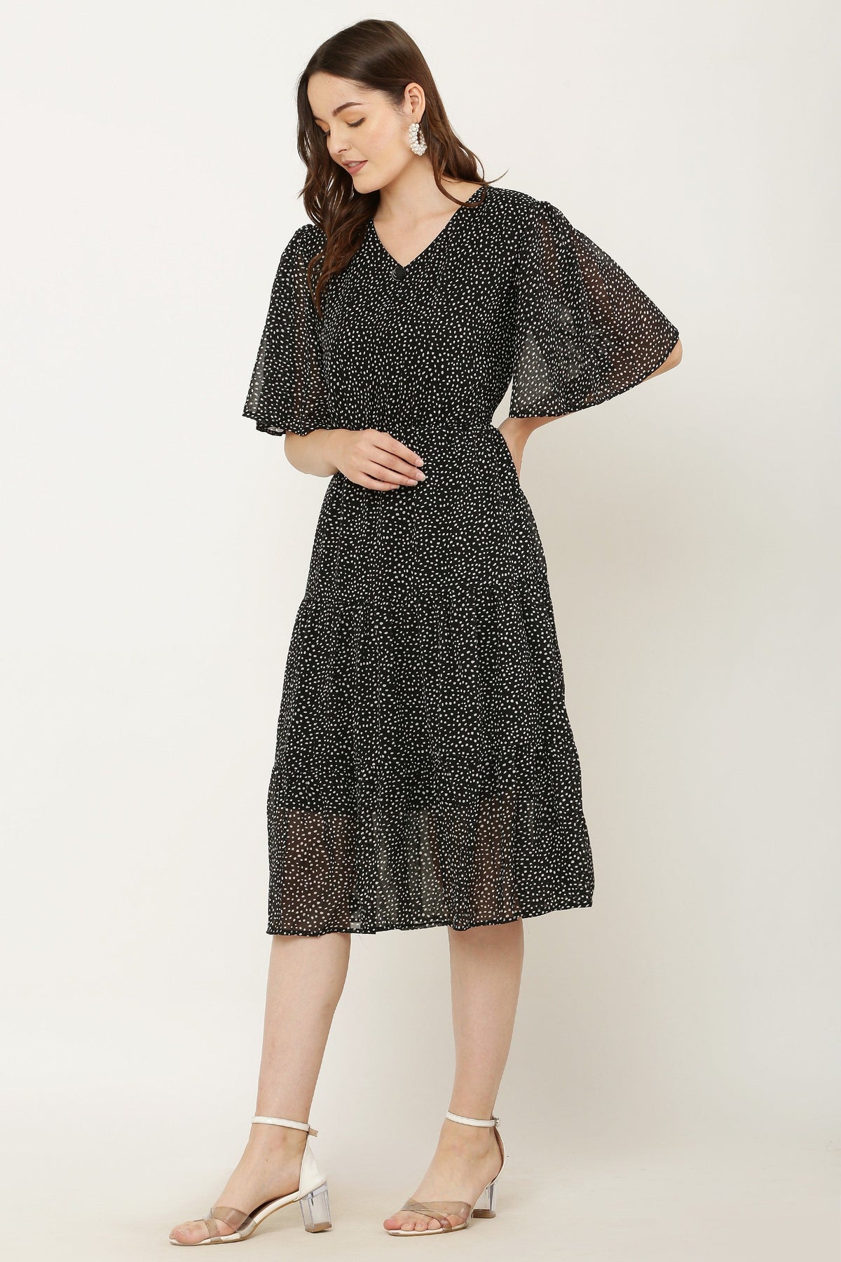 PAVONINE Micro Dots V-Neck Georgette Fabric Black Dress For Women | Grocsy