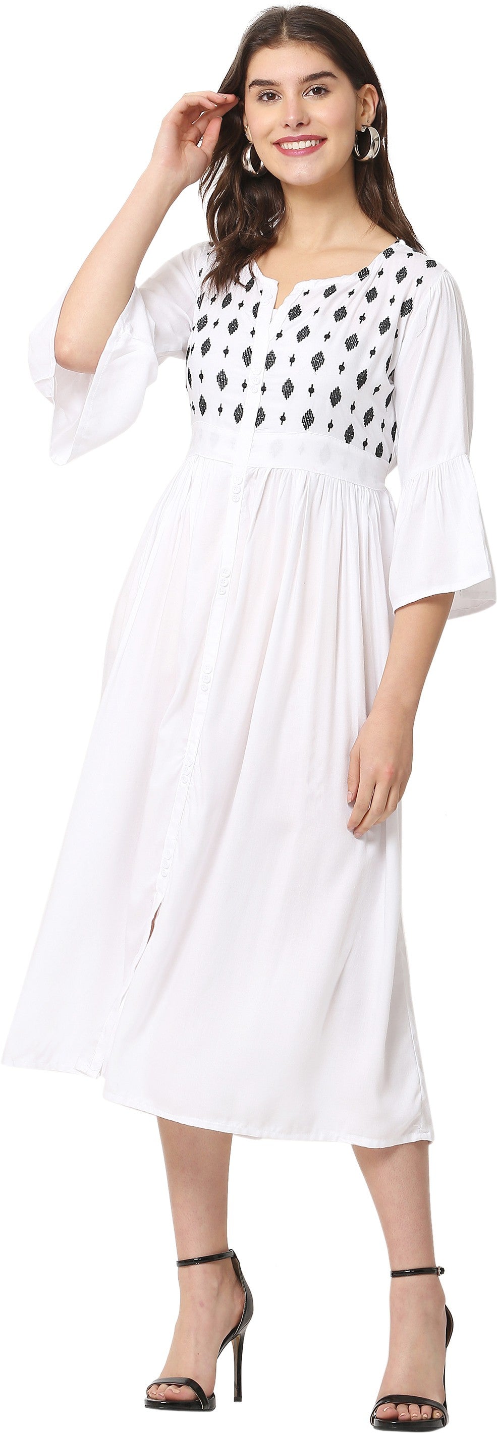 PAVONINE White Color Embroidery Work With Button Dress For Women | Grocsy