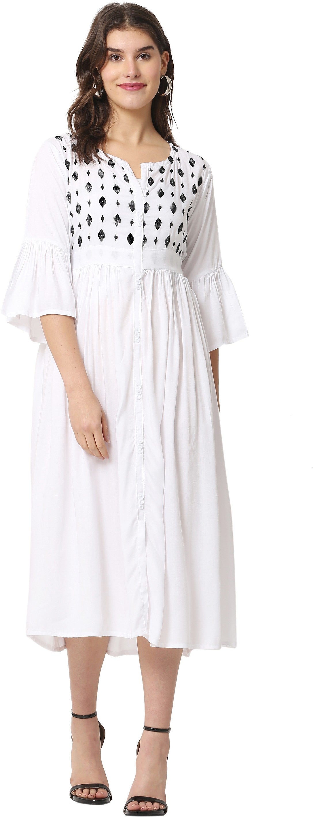 PAVONINE White Color Embroidery Work With Button Dress For Women | Grocsy
