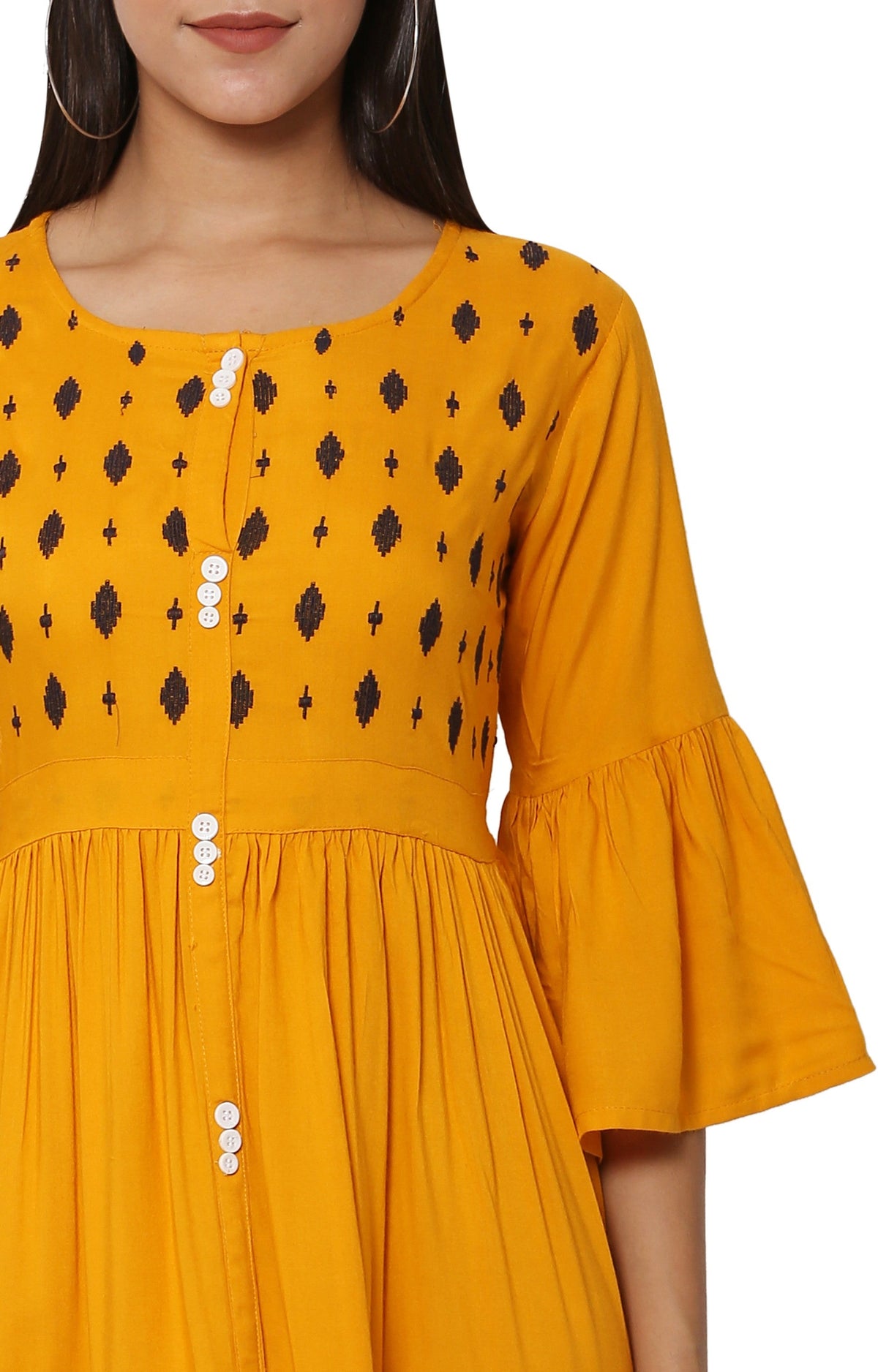 PAVONINE Mustard Color Embroidery Work With Button Dress For Women | Grocsy