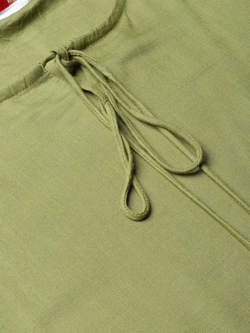 Juniper Olive Rayon Slub Solid Asymmetric Kurta with Tie-up Dori & Tassels | Grocsy