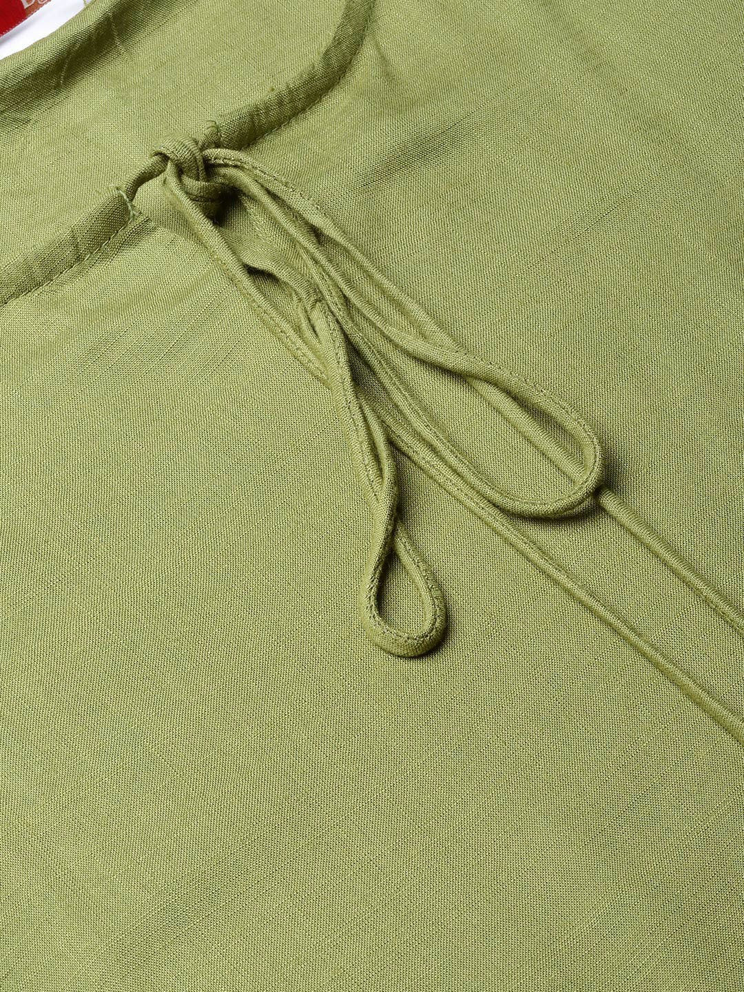 Juniper Olive Rayon Slub Solid Asymmetric Kurta with Tie-up Dori & Tassels | Grocsy