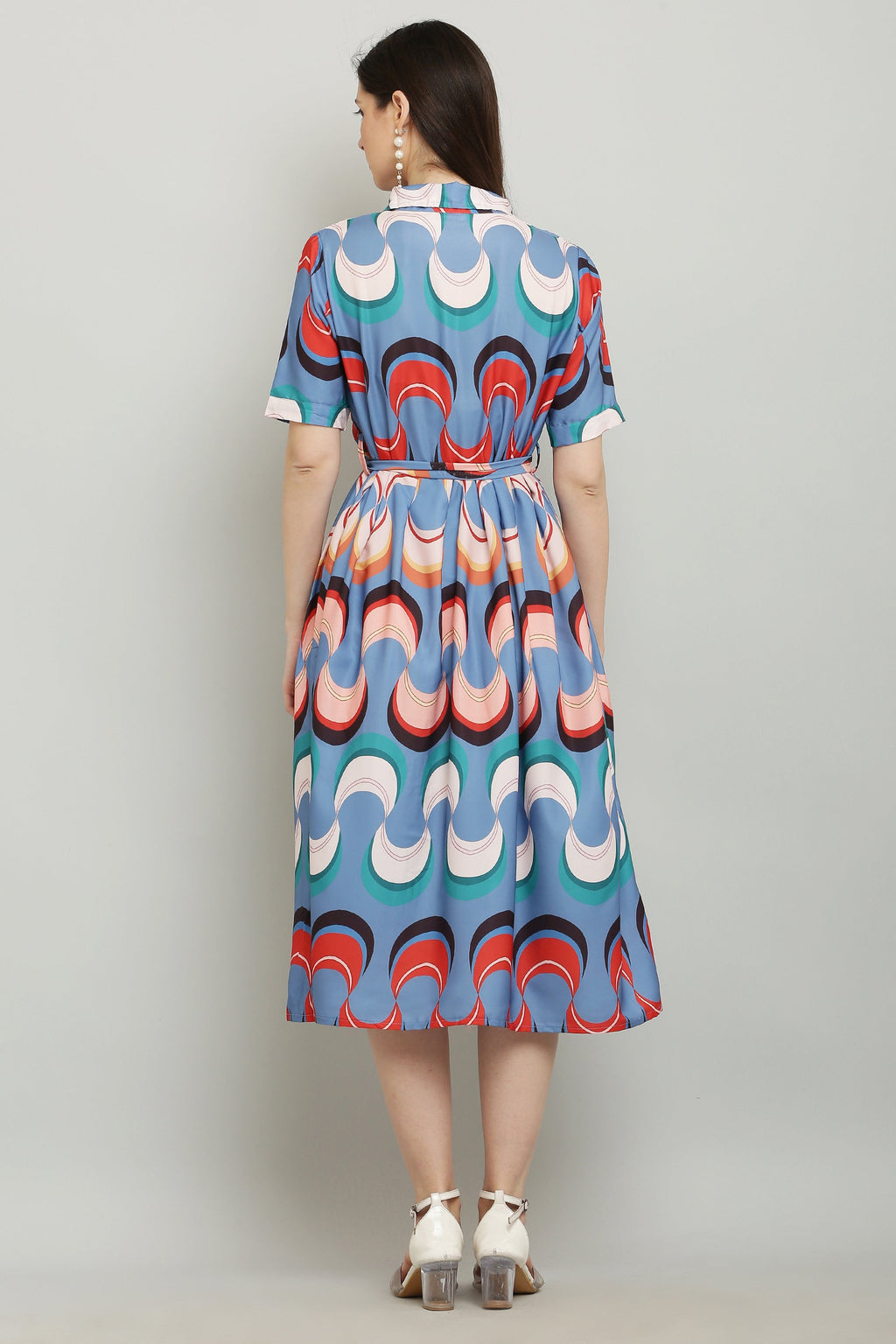 PAVONINE Zig-Zag Multi-Colors Printed Crepe Fabric Firozi Dress For Women | Grocsy