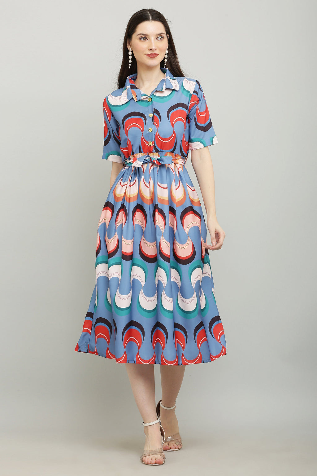 PAVONINE Zig-Zag Multi-Colors Printed Crepe Fabric Firozi Dress For Women | Grocsy