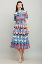 PAVONINE Zig-Zag Multi-Colors Printed Crepe Fabric Firozi Dress For Women | Grocsy