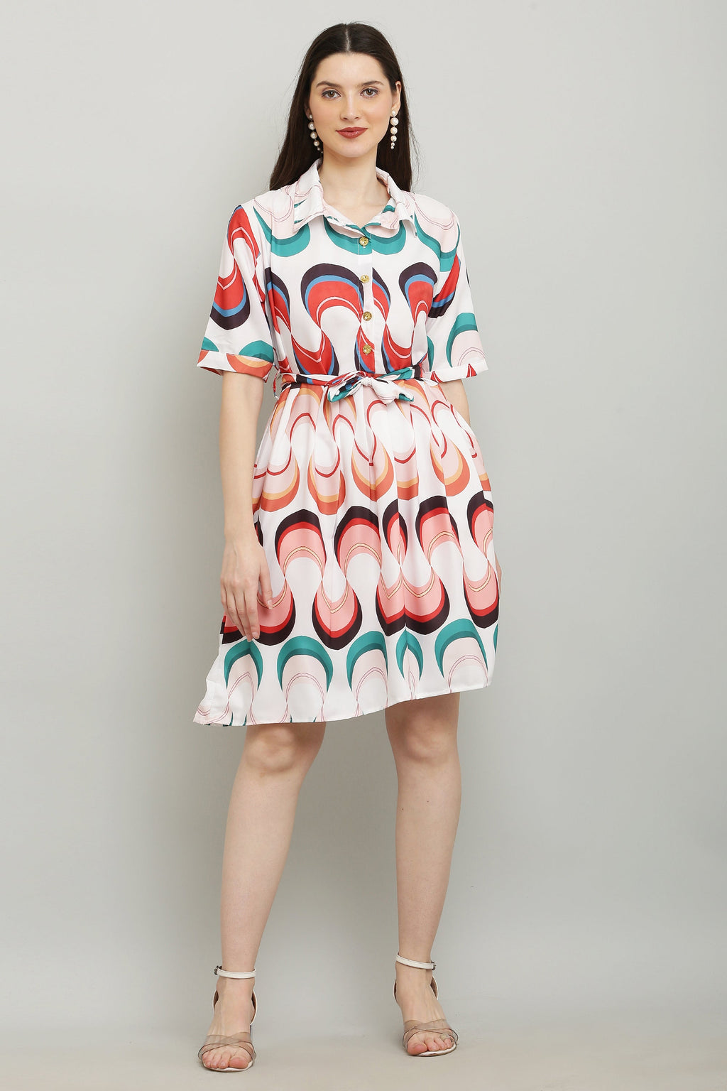 PAVONINE Zig-Zag Multi-Colors Printed Crepe Fabric White Dress For Women | Grocsy