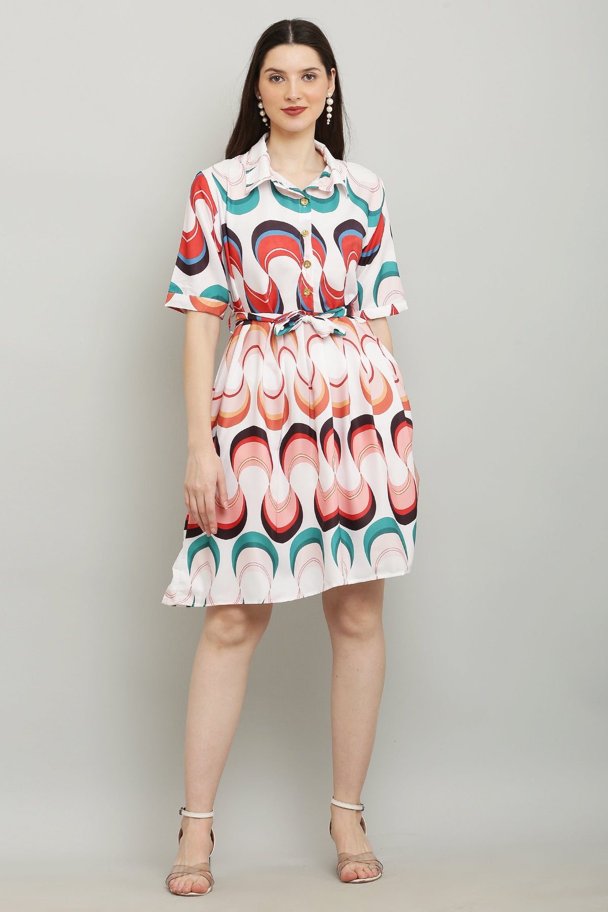 PAVONINE Zig-Zag Multi-Colors Printed Crepe Fabric White Dress For Women | Grocsy
