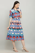 PAVONINE Zig-Zag Multi-Colors Printed Crepe Fabric Firozi Dress For Women | Grocsy