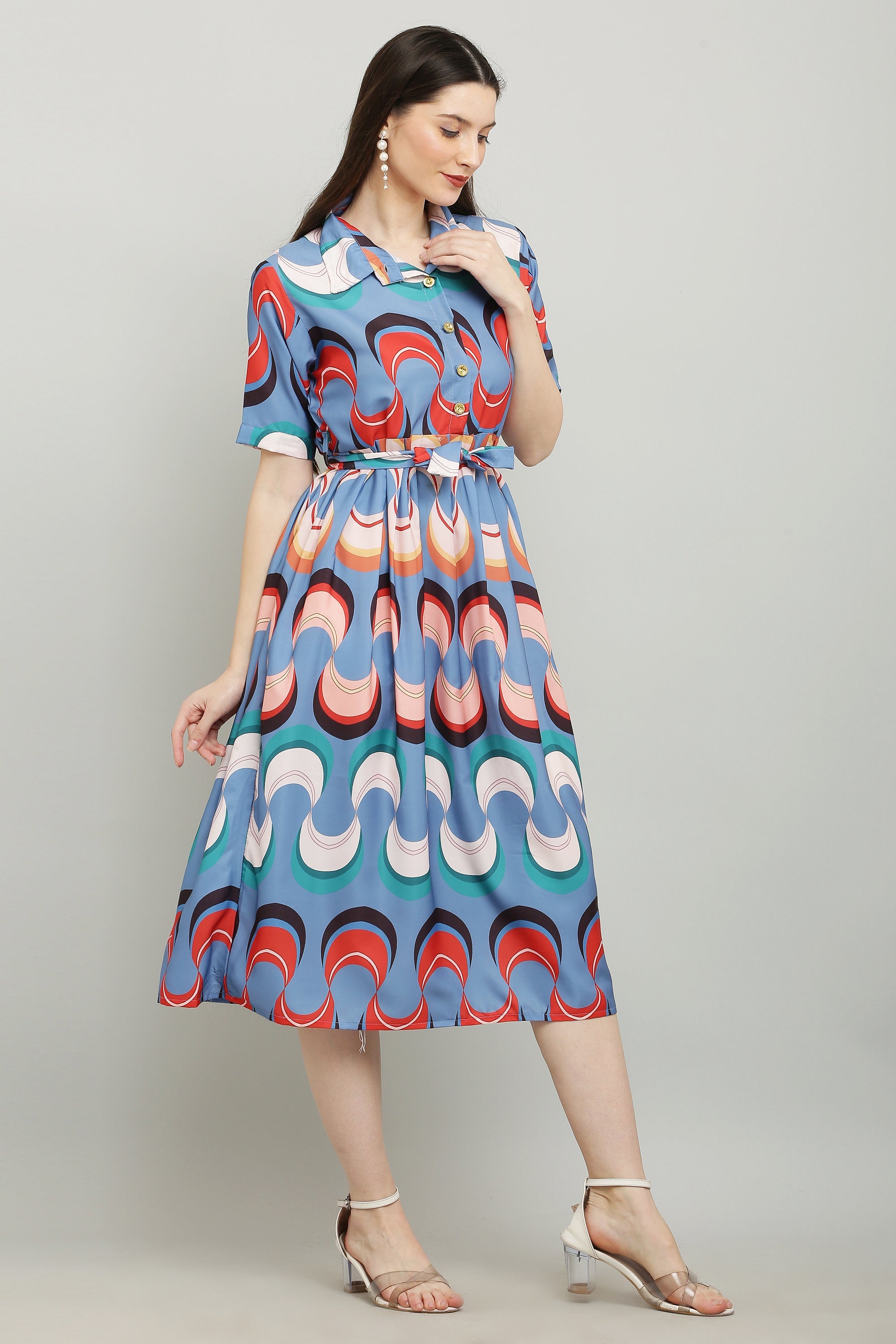 PAVONINE Zig-Zag Multi-Colors Printed Crepe Fabric Firozi Dress For Women | Grocsy