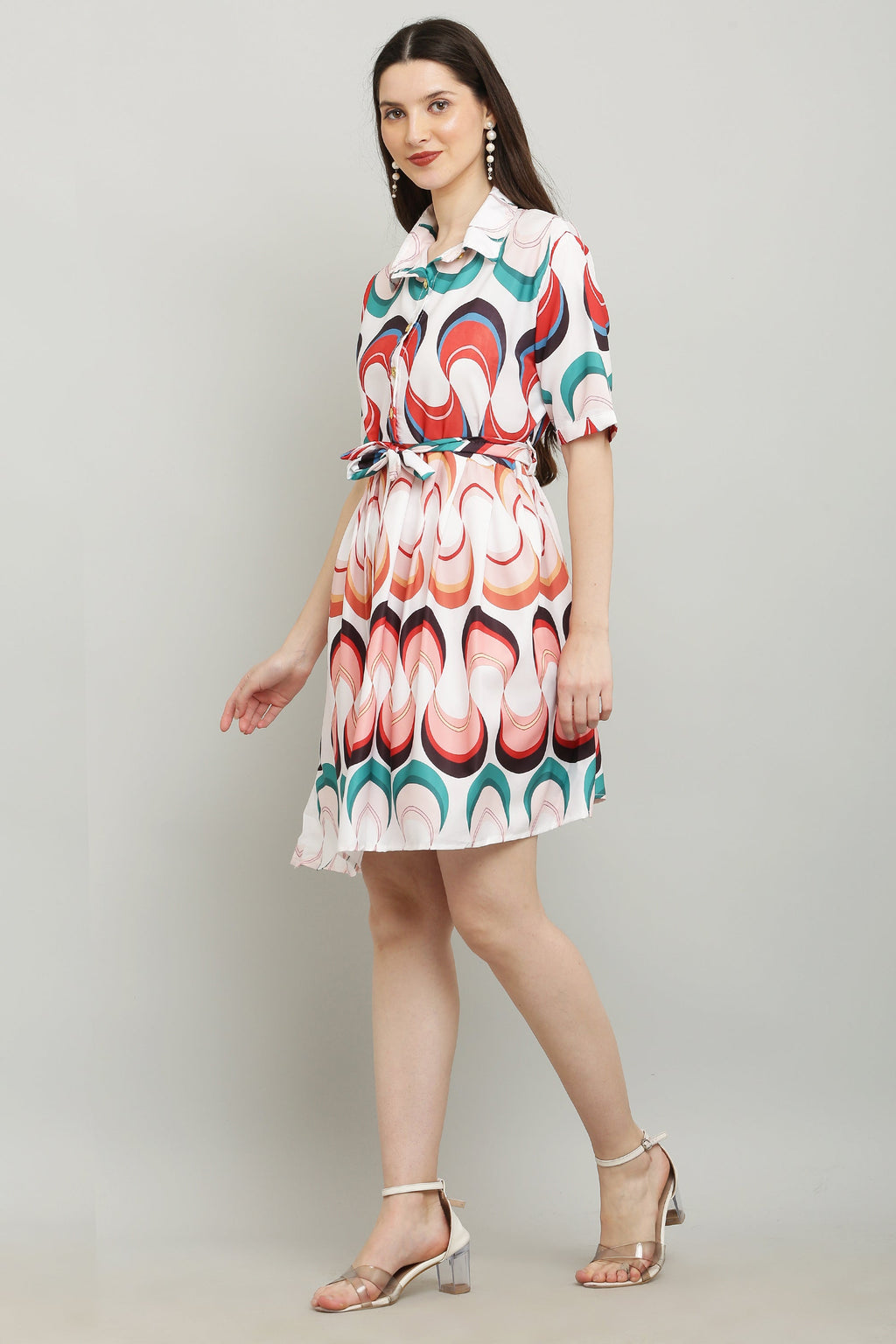 PAVONINE Zig-Zag Multi-Colors Printed Crepe Fabric White Dress For Women | Grocsy
